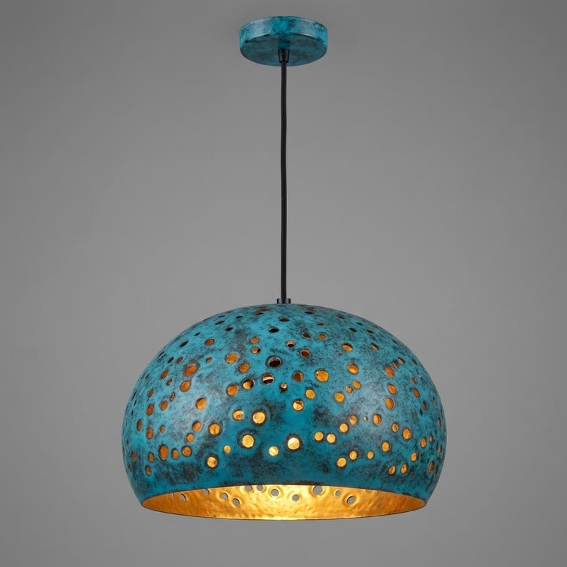 Handmade Moroccan Brass Dome Pendant Light – Perforated Turquoise Verdigris Hanging Lamp with Warm Copper Interior, Boho Ceiling Light for Kitchen Island, Dining Room & Living Room