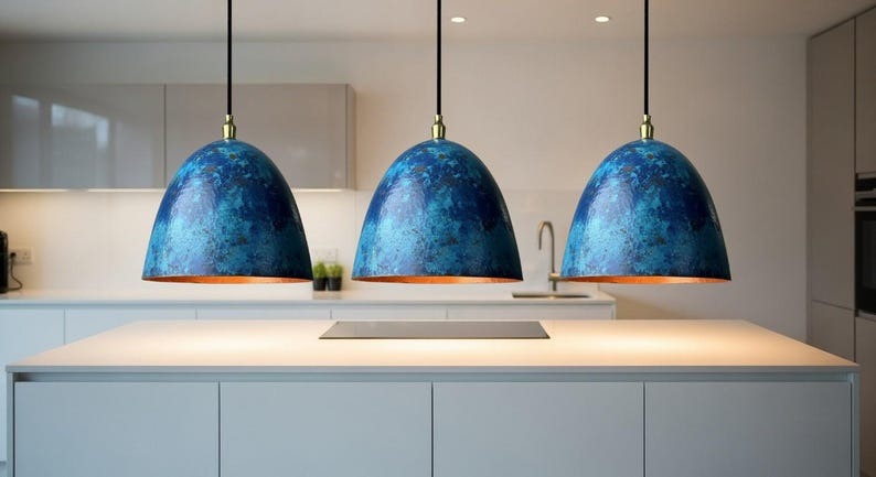 Handmade Moroccan Brass Dome Pendant Light – Blue Patina Brass Hanging Lamp with Warm Copper Gold Interior, Boho Mediterranean Ceiling Light for Kitchen Island, Dining Room, Bedroom, Entryway & Living Room