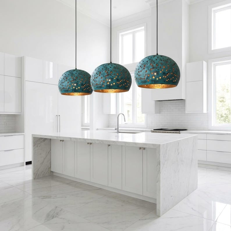 Handmade Moroccan Brass Dome Pendant Light – Perforated Turquoise Verdigris Hanging Lamp with Warm Copper Interior, Boho Ceiling Light for Kitchen Island, Dining Room & Living Room