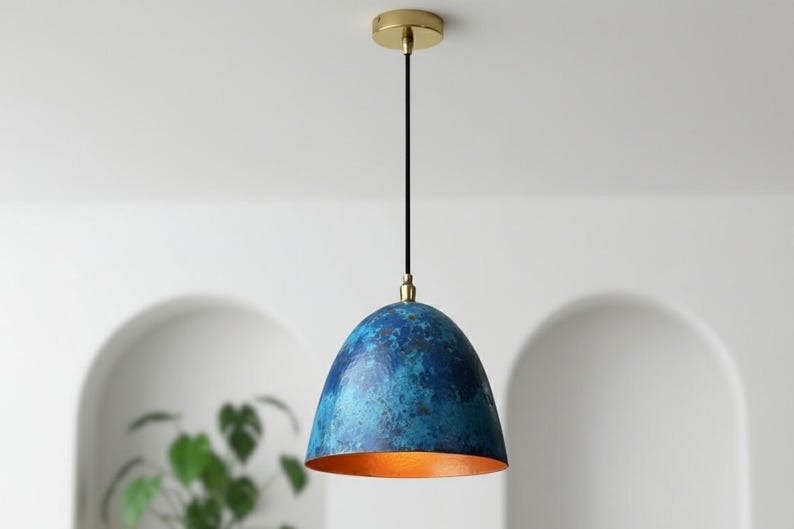 Handmade Moroccan Brass Dome Pendant Light – Blue Patina Brass Hanging Lamp with Warm Copper Gold Interior, Boho Mediterranean Ceiling Light for Kitchen Island, Dining Room, Bedroom, Entryway & Living Room