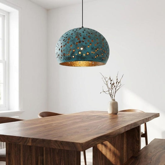 Handmade Moroccan Brass Dome Pendant Light – Perforated Turquoise Verdigris Hanging Lamp with Warm Copper Interior, Boho Ceiling Light for Kitchen Island, Dining Room & Living Room