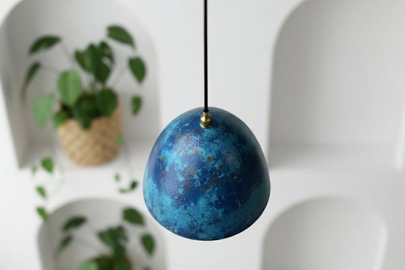 Handmade Moroccan Brass Dome Pendant Light – Blue Patina Brass Hanging Lamp with Warm Copper Gold Interior, Boho Mediterranean Ceiling Light for Kitchen Island, Dining Room, Bedroom, Entryway & Living Room