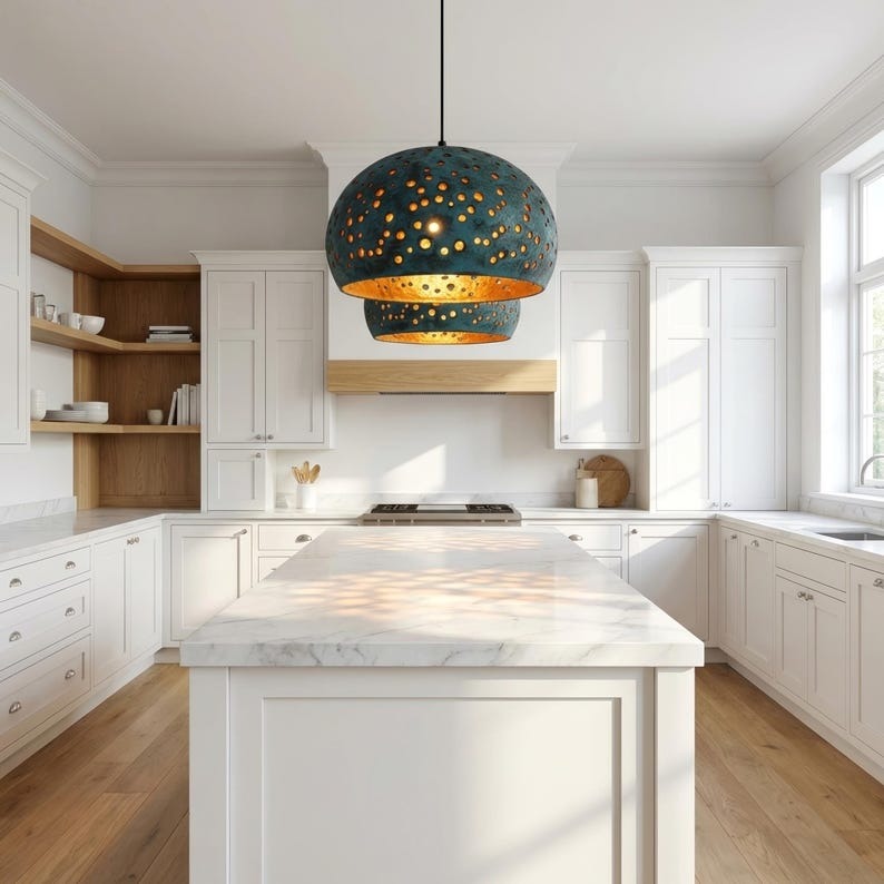 Handmade Moroccan Brass Dome Pendant Light – Perforated Turquoise Verdigris Hanging Lamp with Warm Copper Interior, Boho Ceiling Light for Kitchen Island, Dining Room & Living Room