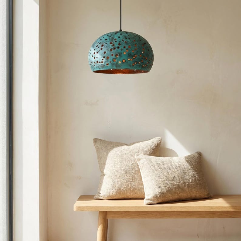 Handmade Moroccan Brass Dome Pendant Light – Perforated Turquoise Verdigris Hanging Lamp with Warm Copper Interior, Boho Ceiling Light for Kitchen Island, Dining Room & Living Room