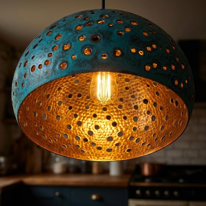 Handmade Moroccan Brass Dome Pendant Light – Perforated Turquoise Verdigris Hanging Lamp with Warm Copper Interior, Boho Ceiling Light for Kitchen Island, Dining Room & Living Room