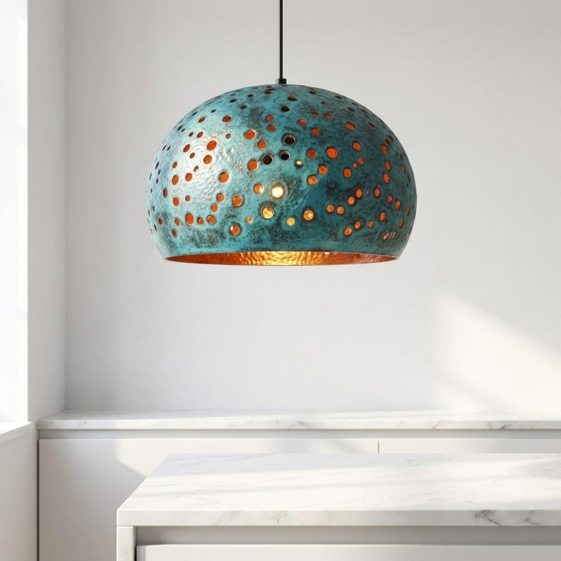 Handmade Moroccan Brass Dome Pendant Light – Perforated Turquoise Verdigris Hanging Lamp with Warm Copper Interior, Boho Ceiling Light for Kitchen Island, Dining Room & Living Room