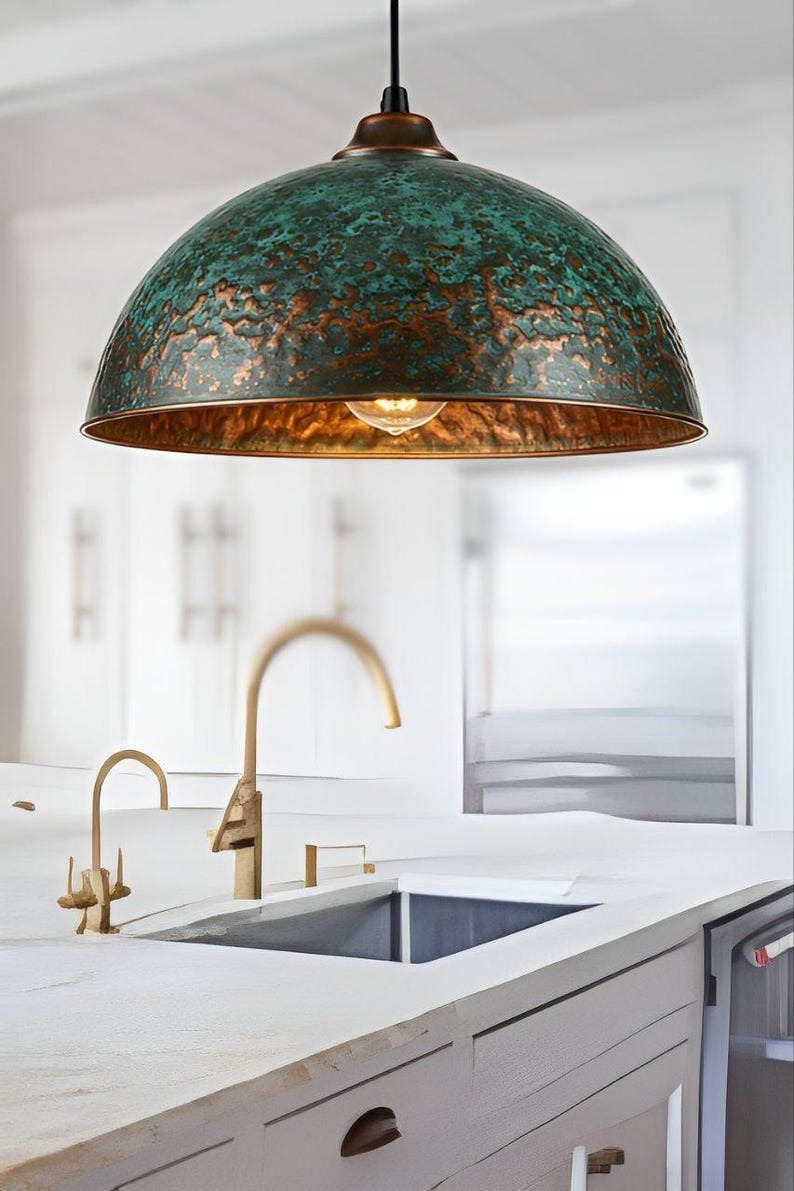 Handmade Green Patina Brass Pendant Light – Moroccan Hammered Dome Hanging Lamp with Warm Copper Brass Interior for Kitchen Island, Dining Room & Boho Home Décor