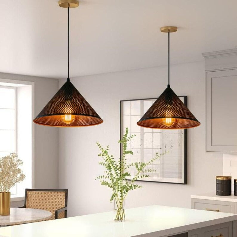 Handmade Black Perforated Brass Pendant Light – Moroccan Cone Hanging Lamp with Warm Copper Interior for Kitchen Island, Dining Room & Boho Home Décor