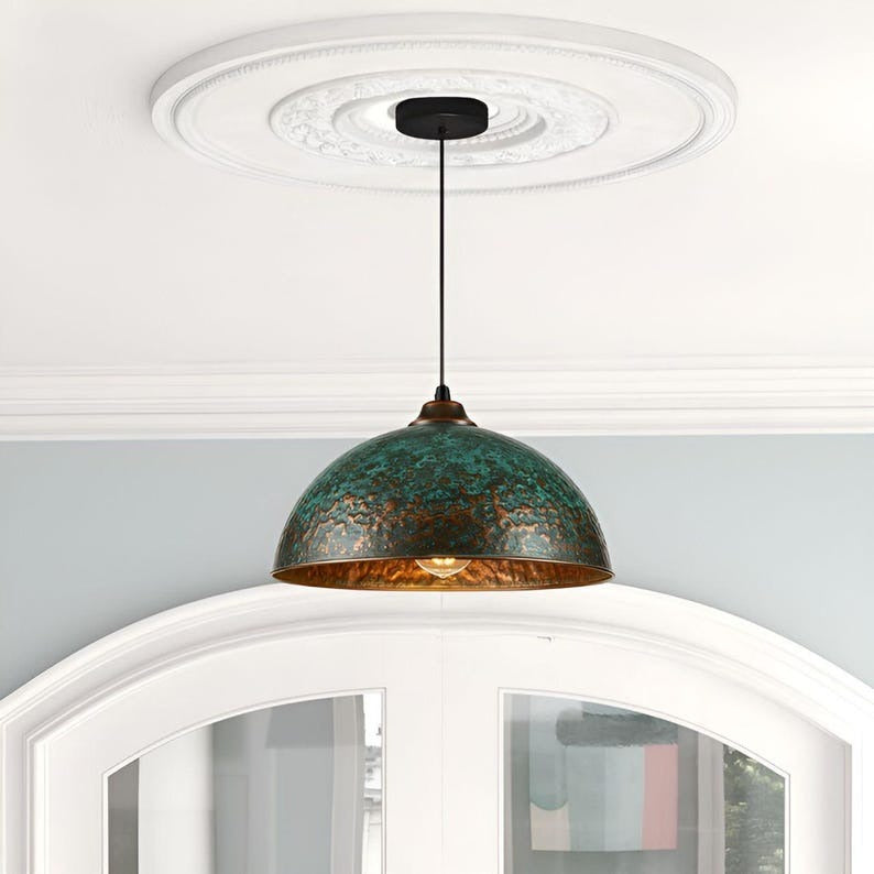 Handmade Green Patina Brass Pendant Light – Moroccan Hammered Dome Hanging Lamp with Warm Copper Brass Interior for Kitchen Island, Dining Room & Boho Home Décor