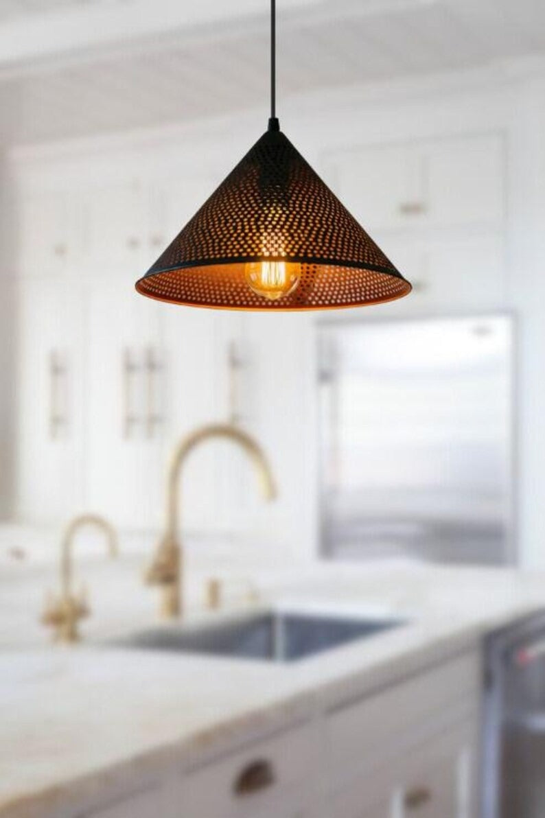 Handmade Black Perforated Brass Pendant Light – Moroccan Cone Hanging Lamp with Warm Copper Interior for Kitchen Island, Dining Room & Boho Home Décor