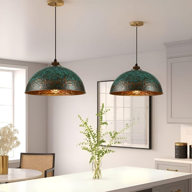 Handmade Green Patina Brass Pendant Light – Moroccan Hammered Dome Hanging Lamp with Warm Copper Brass Interior for Kitchen Island, Dining Room & Boho Home Décor