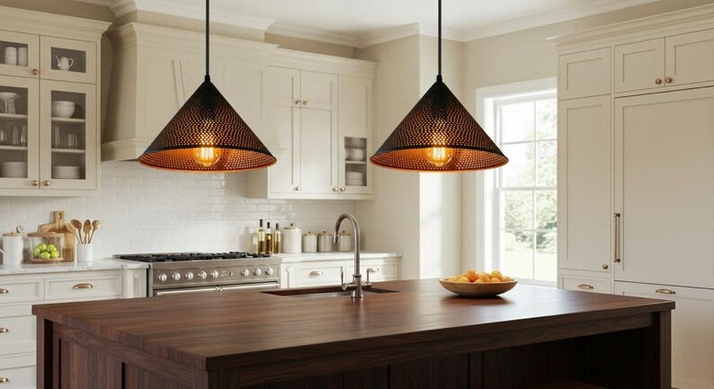 Handmade Black Perforated Brass Pendant Light – Moroccan Cone Hanging Lamp with Warm Copper Interior for Kitchen Island, Dining Room & Boho Home Décor