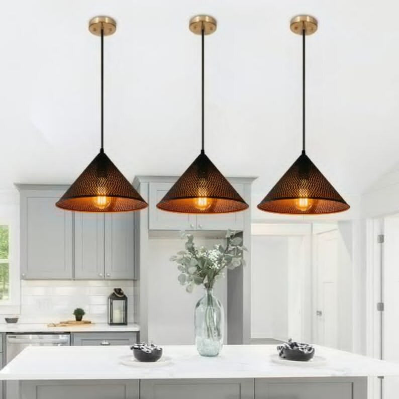 Handmade Black Perforated Brass Pendant Light – Moroccan Cone Hanging Lamp with Warm Copper Interior for Kitchen Island, Dining Room & Boho Home Décor
