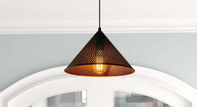 Handmade Black Perforated Brass Pendant Light – Moroccan Cone Hanging Lamp with Warm Copper Interior for Kitchen Island, Dining Room & Boho Home Décor