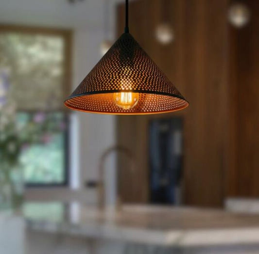 Handmade Black Perforated Brass Pendant Light – Moroccan Cone Hanging Lamp with Warm Copper Interior for Kitchen Island, Dining Room & Boho Home Décor