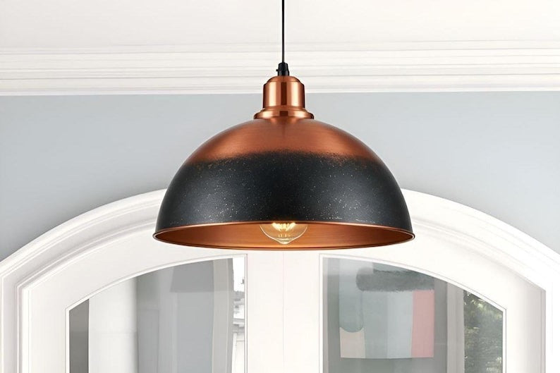 Handmade Copper & Black Brass Pendant Light – Moroccan Dome Hanging Lamp with Warm Copper Interior for Kitchen Island, Dining Room & Modern Boho Home Décor