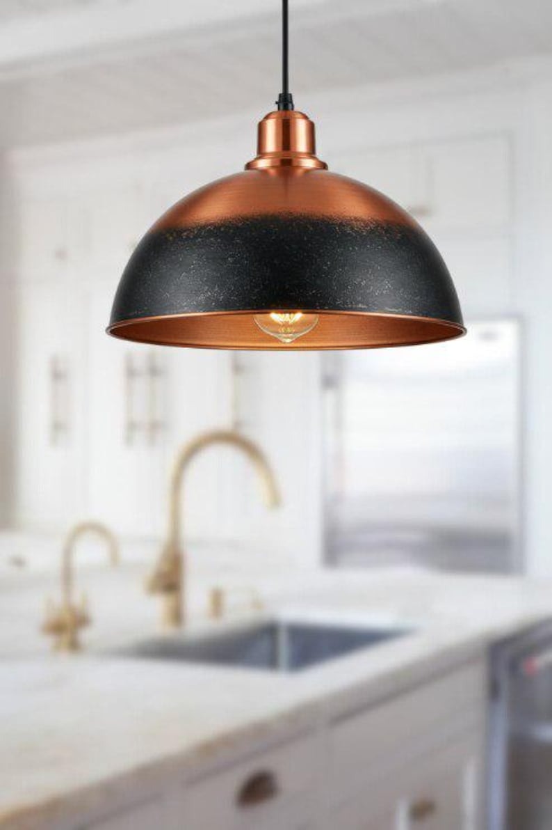 Handmade Copper & Black Brass Pendant Light – Moroccan Dome Hanging Lamp with Warm Copper Interior for Kitchen Island, Dining Room & Modern Boho Home Décor