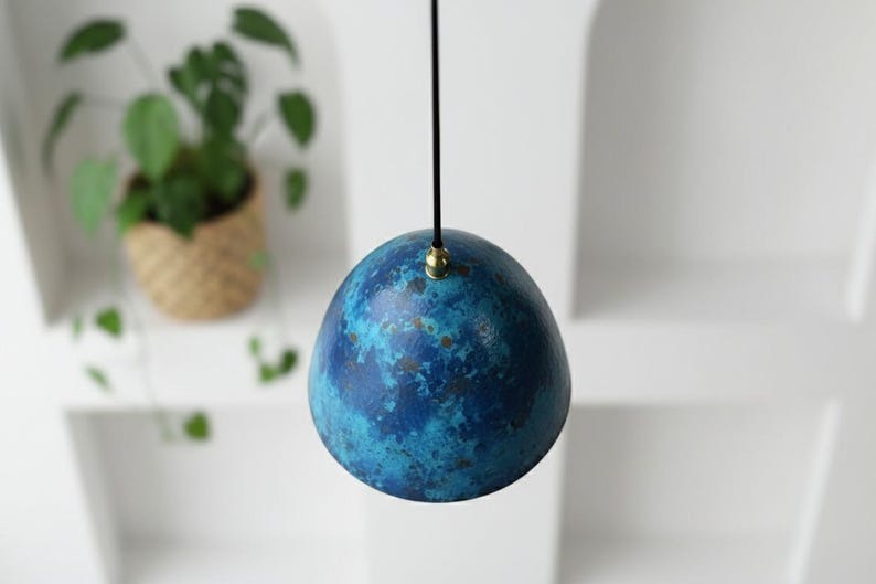 Handmade Moroccan Brass Dome Pendant Light – Blue Patina Brass Hanging Lamp with Warm Copper Gold Interior, Boho Mediterranean Ceiling Light for Kitchen Island, Dining Room, Bedroom, Entryway & Living Room