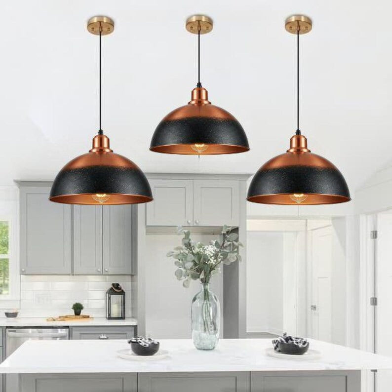 Handmade Copper & Black Brass Pendant Light – Moroccan Dome Hanging Lamp with Warm Copper Interior for Kitchen Island, Dining Room & Modern Boho Home Décor