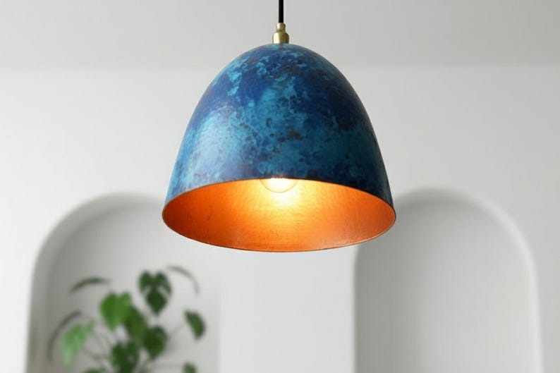 Handmade Moroccan Brass Dome Pendant Light – Blue Patina Brass Hanging Lamp with Warm Copper Gold Interior, Boho Mediterranean Ceiling Light for Kitchen Island, Dining Room, Bedroom, Entryway & Living Room