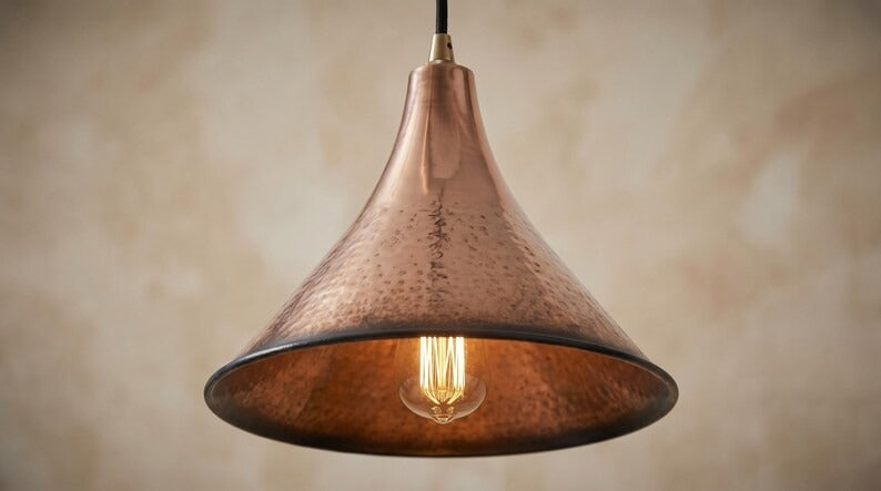 Handmade Moroccan Brass Cone Pendant Light – Hammered Copper Brass Hanging Lamp with Long Tapered Shade and Warm Gold Interior for Kitchen Island, Dining Room, Bedroom & Entryway
