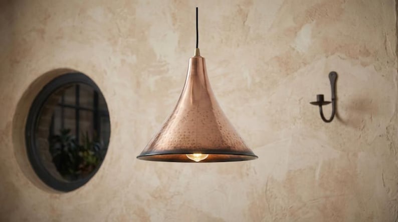 Handmade Moroccan Brass Cone Pendant Light – Hammered Copper Brass Hanging Lamp with Long Tapered Shade and Warm Gold Interior for Kitchen Island, Dining Room, Bedroom & Entryway