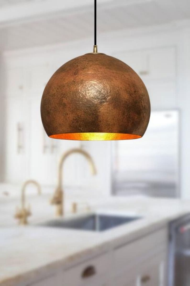 Handmade Aged Brass Pendant Light – Moroccan Rustic Dome Hanging Lamp with Warm Gold Interior for Kitchen Island, Dining Room & Boho Home Décor