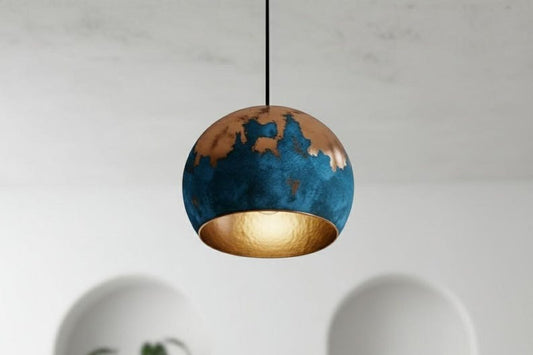 Handmade Moroccan Brass Dome Pendant Light – Blue Patina Brass Hanging Lamp with Warm Gold Interior, Boho Mediterranean Ceiling Light for Kitchen Island, Dining Room, Bedroom, Entryway & Living Room