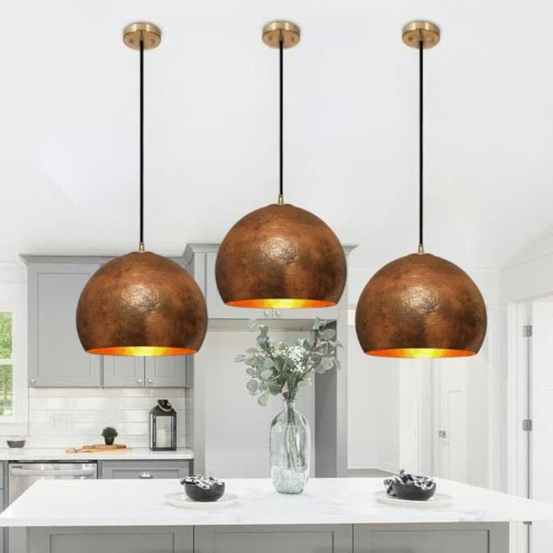 Handmade Aged Brass Pendant Light – Moroccan Rustic Dome Hanging Lamp with Warm Gold Interior for Kitchen Island, Dining Room & Boho Home Décor