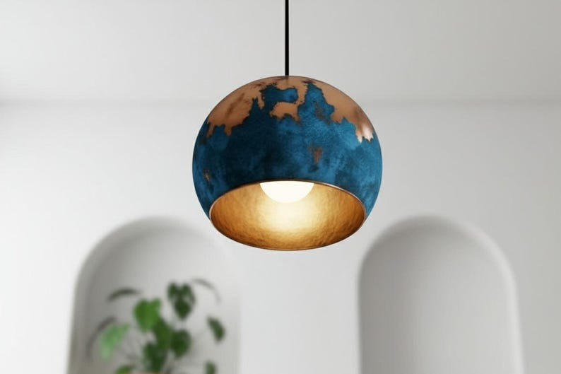Handmade Moroccan Brass Dome Pendant Light – Blue Patina Brass Hanging Lamp with Warm Gold Interior, Boho Mediterranean Ceiling Light for Kitchen Island, Dining Room, Bedroom, Entryway & Living Room