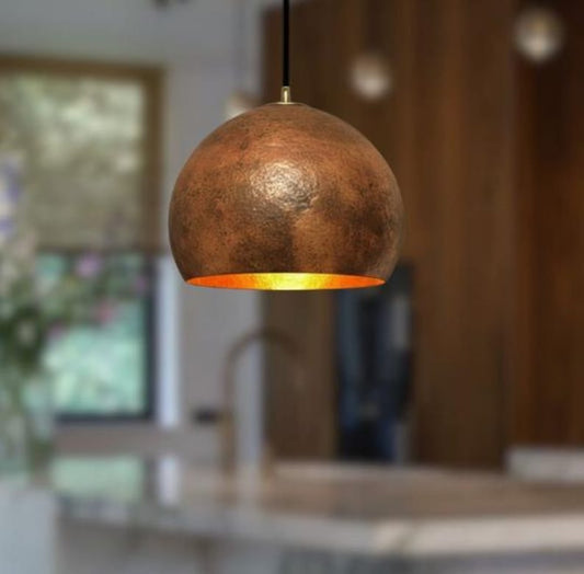 Handmade Aged Brass Pendant Light – Moroccan Rustic Dome Hanging Lamp with Warm Gold Interior for Kitchen Island, Dining Room & Boho Home Décor