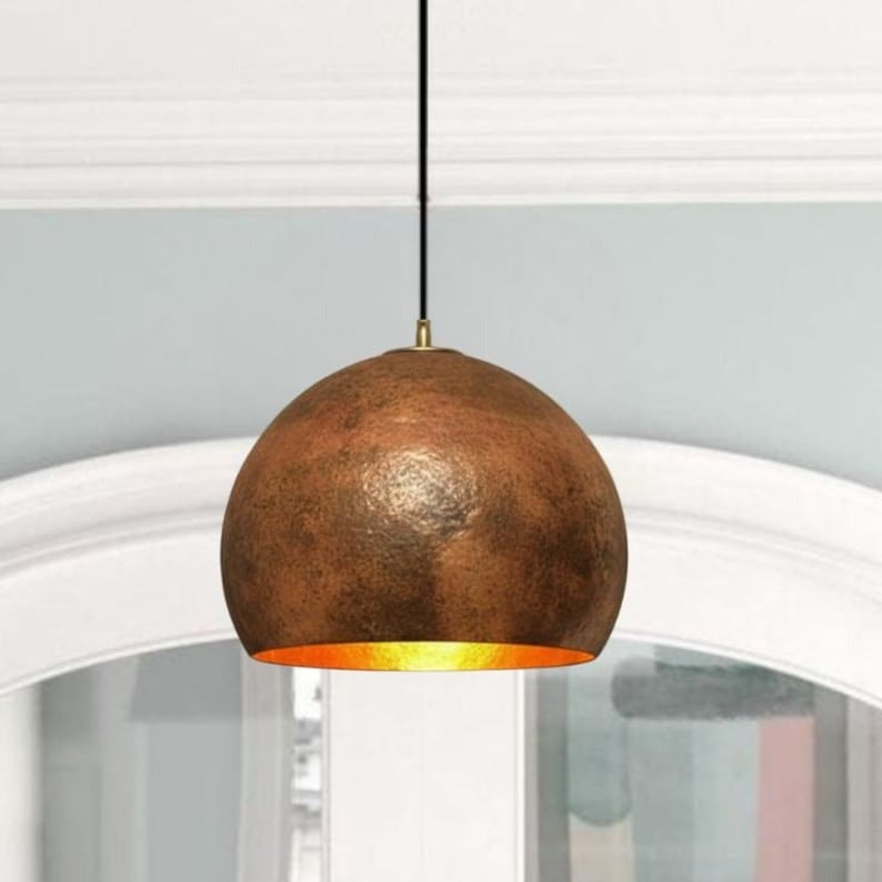 Handmade Aged Brass Pendant Light – Moroccan Rustic Dome Hanging Lamp with Warm Gold Interior for Kitchen Island, Dining Room & Boho Home Décor