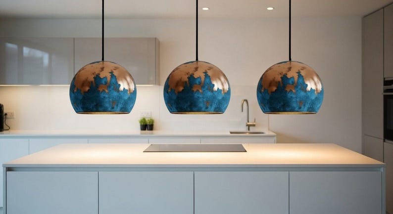 Handmade Moroccan Brass Dome Pendant Light – Blue Patina Brass Hanging Lamp with Warm Gold Interior, Boho Mediterranean Ceiling Light for Kitchen Island, Dining Room, Bedroom, Entryway & Living Room