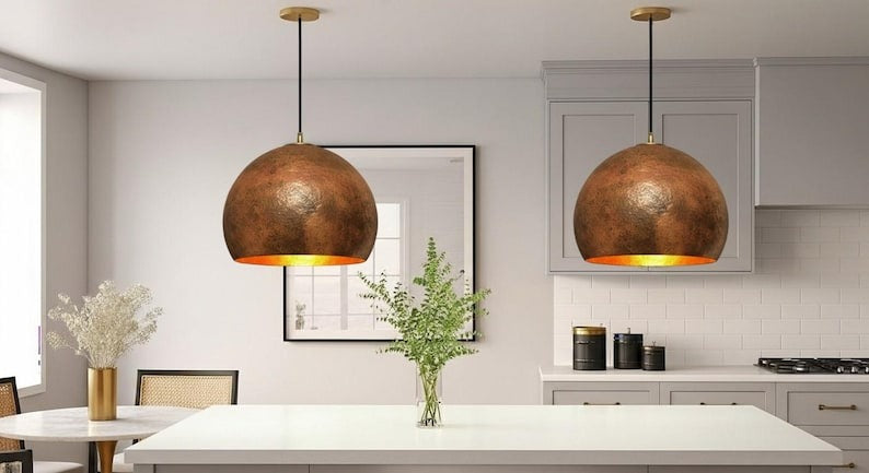 Handmade Aged Brass Pendant Light – Moroccan Rustic Dome Hanging Lamp with Warm Gold Interior for Kitchen Island, Dining Room & Boho Home Décor