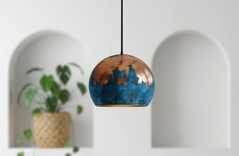 Handmade Moroccan Brass Dome Pendant Light – Blue Patina Brass Hanging Lamp with Warm Gold Interior, Boho Mediterranean Ceiling Light for Kitchen Island, Dining Room, Bedroom, Entryway & Living Room
