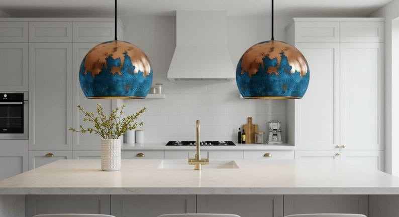 Handmade Moroccan Brass Dome Pendant Light – Blue Patina Brass Hanging Lamp with Warm Gold Interior, Boho Mediterranean Ceiling Light for Kitchen Island, Dining Room, Bedroom, Entryway & Living Room