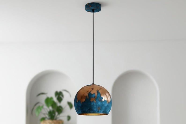 Handmade Moroccan Brass Dome Pendant Light – Blue Patina Brass Hanging Lamp with Warm Gold Interior, Boho Mediterranean Ceiling Light for Kitchen Island, Dining Room, Bedroom, Entryway & Living Room