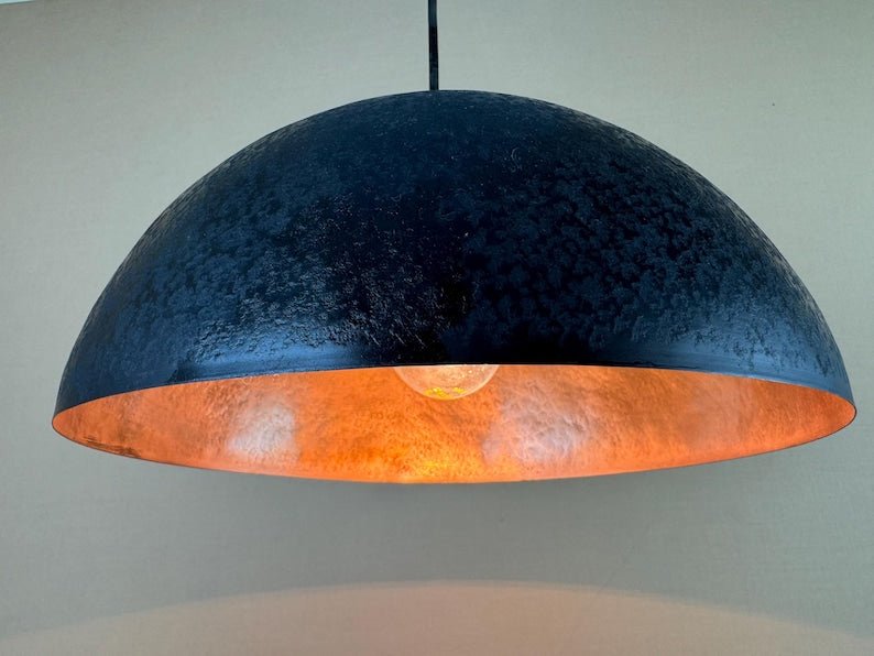 Dark Blue Copper Dome Pendant Light, Handmade Moroccan Wide Copper Chandelier, Navy Patina Kitchen Island Hanging Lamp, Rustic Boho Farmhouse Ceiling Light Fixture