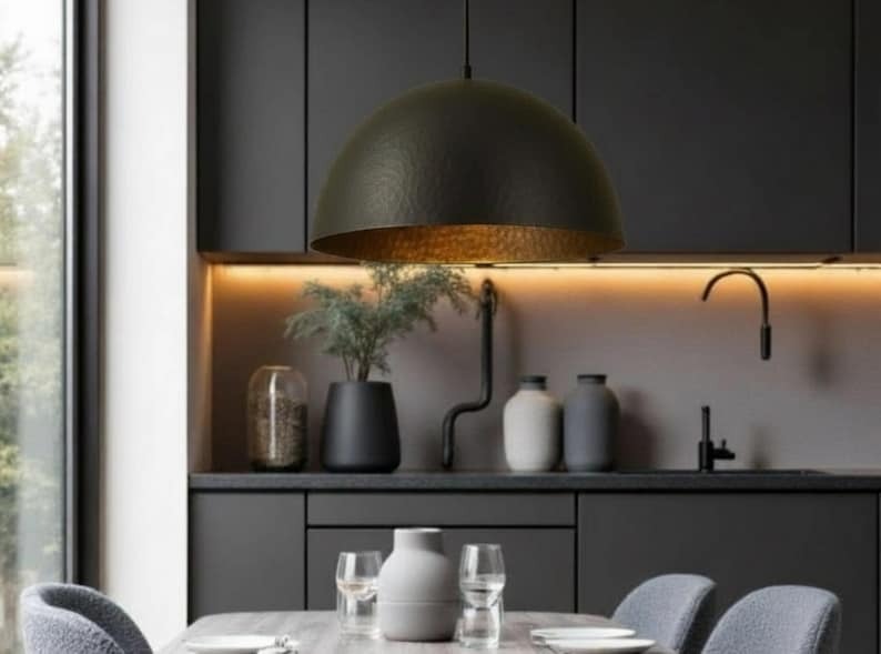 Handmade Black Hammered Brass Pendant Light – Moroccan Dome Hanging Lamp with Warm Brass Interior for Kitchen Island, Dining Room & Modern Boho Decor
