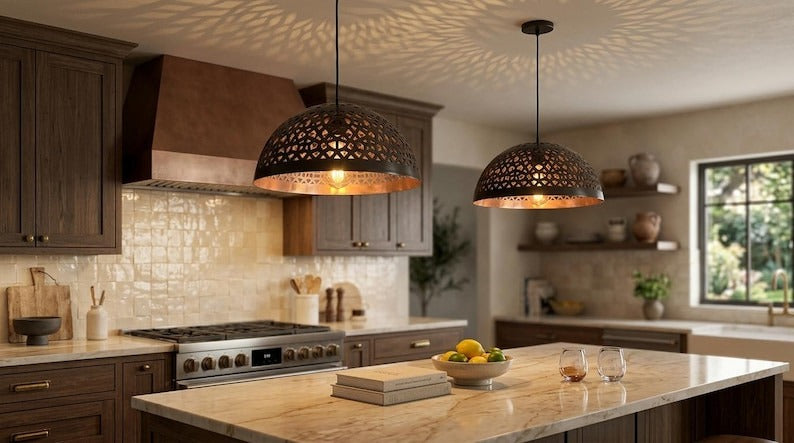 Handmade Moroccan Brass Pendant Light – Black Pierced Dome Ceiling Lamp with Warm Copper Interior, Moorish Kitchen Island Fixture
