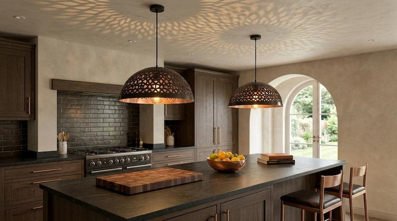 Handmade Moroccan Brass Pendant Light – Black Pierced Dome Ceiling Lamp with Warm Copper Interior, Moorish Kitchen Island Fixture