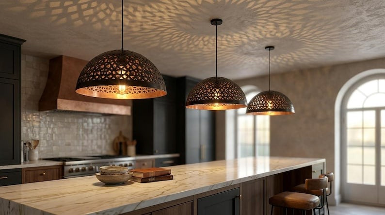 Handmade Moroccan Brass Pendant Light – Black Pierced Dome Ceiling Lamp with Warm Copper Interior, Moorish Kitchen Island Fixture