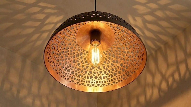 Handmade Moroccan Brass Pendant Light – Black Pierced Dome Ceiling Lamp with Warm Copper Interior, Moorish Kitchen Island Fixture