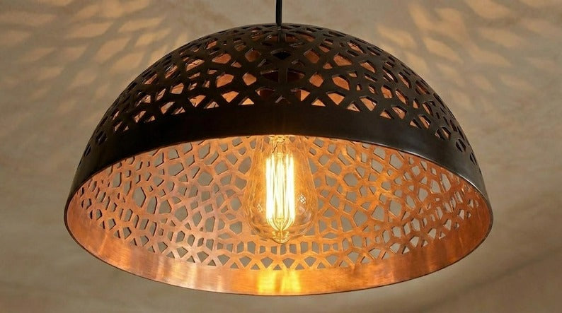 Handmade Moroccan Brass Pendant Light – Black Pierced Dome Ceiling Lamp with Warm Copper Interior, Moorish Kitchen Island Fixture