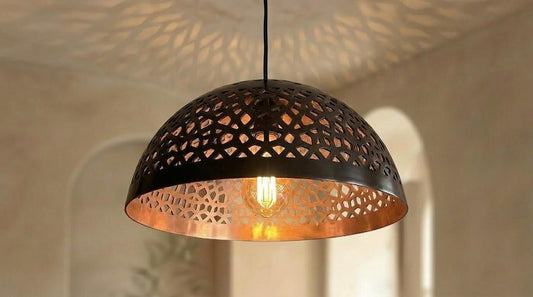 Handmade Moroccan Brass Pendant Light – Black Pierced Dome Ceiling Lamp with Warm Copper Interior, Moorish Kitchen Island Fixture