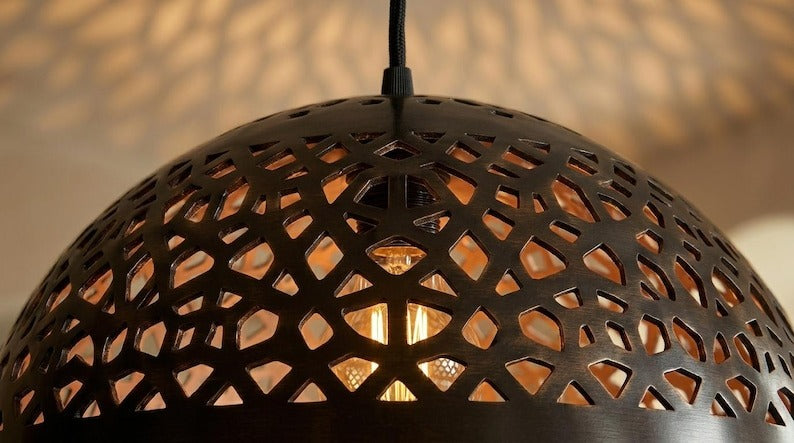 Handmade Moroccan Brass Pendant Light – Black Pierced Dome Ceiling Lamp with Warm Copper Interior, Moorish Kitchen Island Fixture