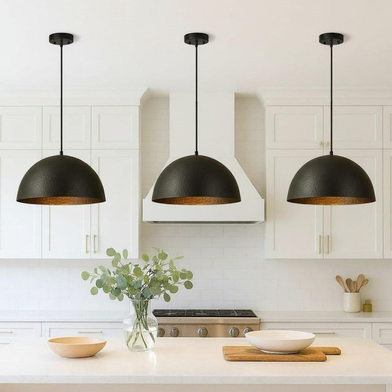 Handmade Black Hammered Brass Pendant Light – Moroccan Dome Hanging Lamp with Warm Brass Interior for Kitchen Island, Dining Room & Modern Boho Decor