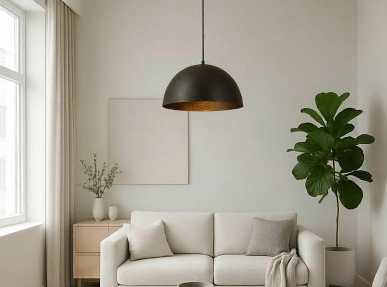 Handmade Black Hammered Brass Pendant Light – Moroccan Dome Hanging Lamp with Warm Brass Interior for Kitchen Island, Dining Room & Modern Boho Decor