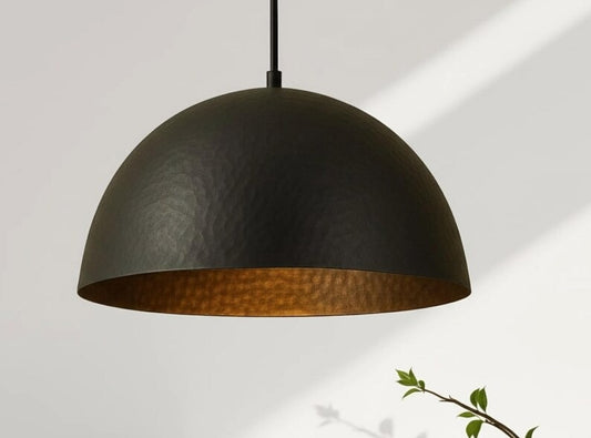 Handmade Black Hammered Brass Pendant Light – Moroccan Dome Hanging Lamp with Warm Brass Interior for Kitchen Island, Dining Room & Modern Boho Decor