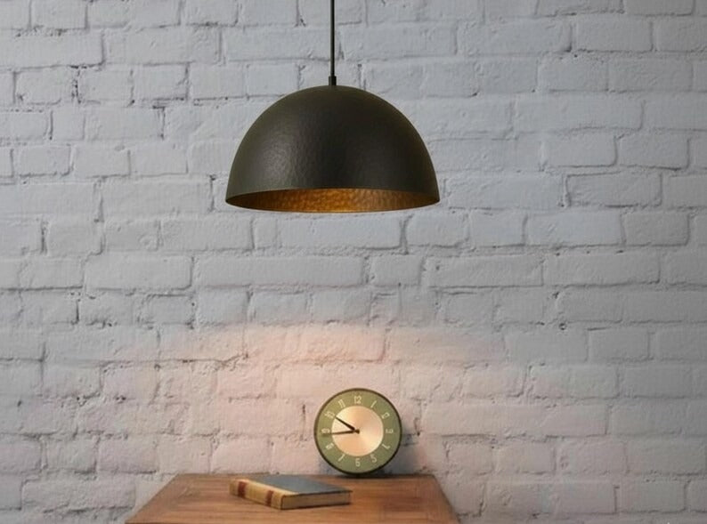 Handmade Black Hammered Brass Pendant Light – Moroccan Dome Hanging Lamp with Warm Brass Interior for Kitchen Island, Dining Room & Modern Boho Decor